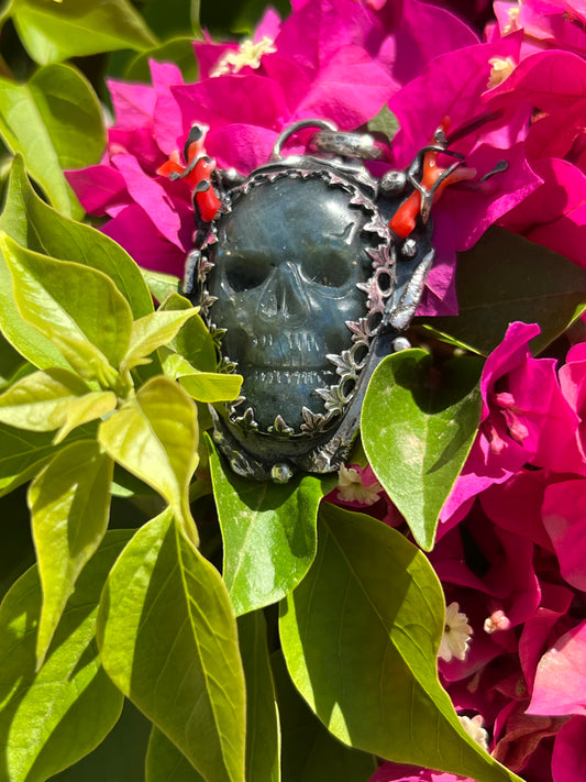 Labradorite skull with coral horns pendant