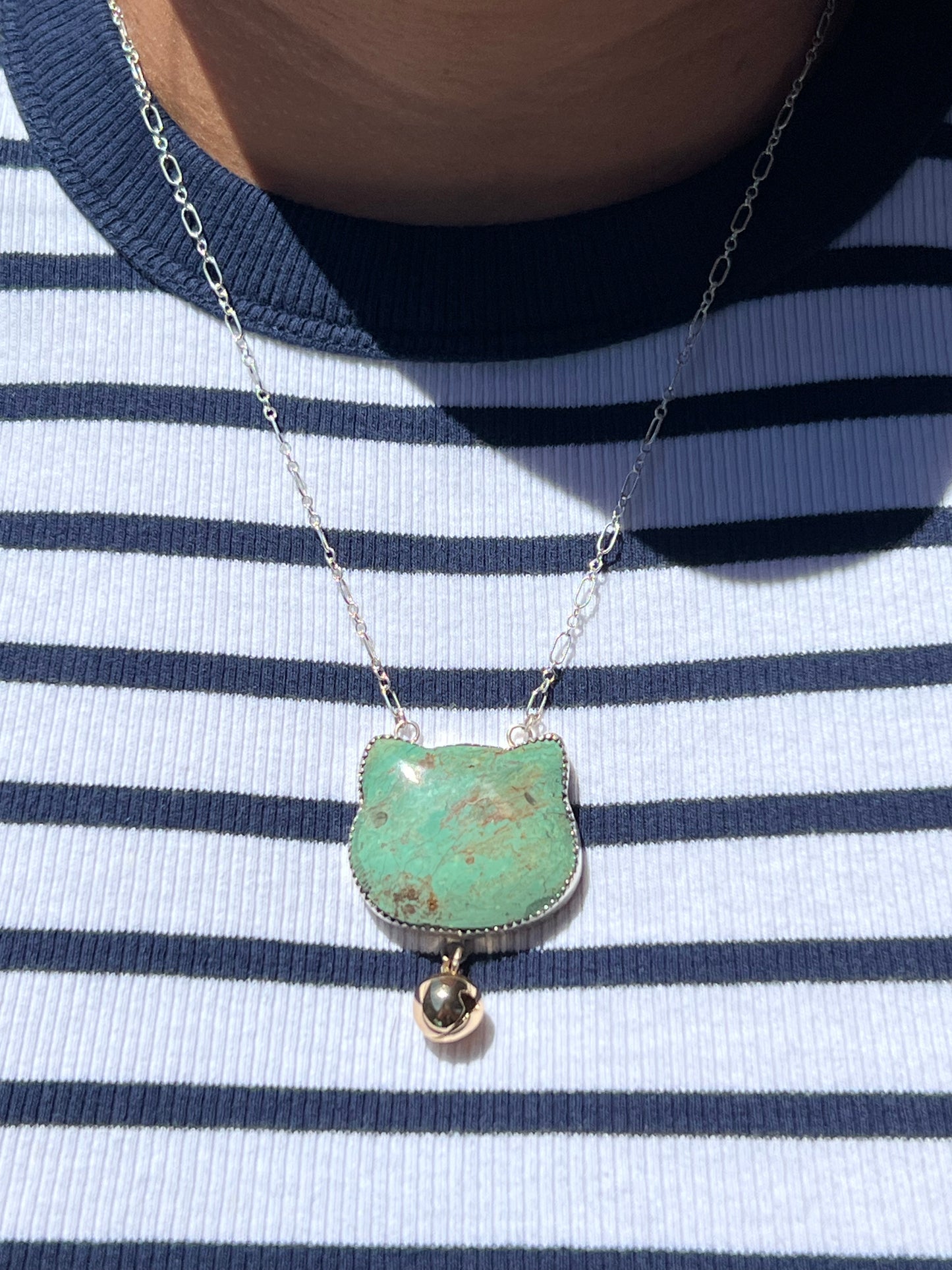 Turquoise cat pendant with bell 1