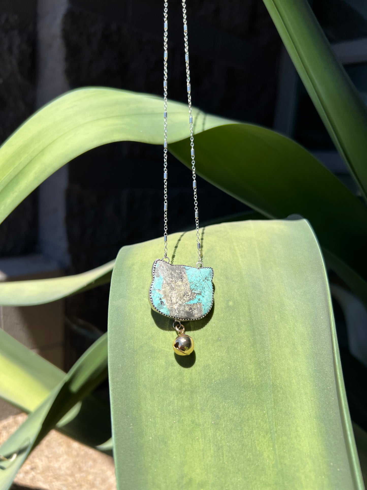 Turquoise cat shape pendant with bell