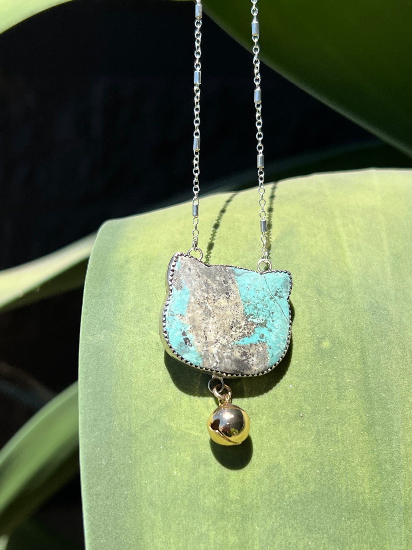 Turquoise cat shape pendant with bell