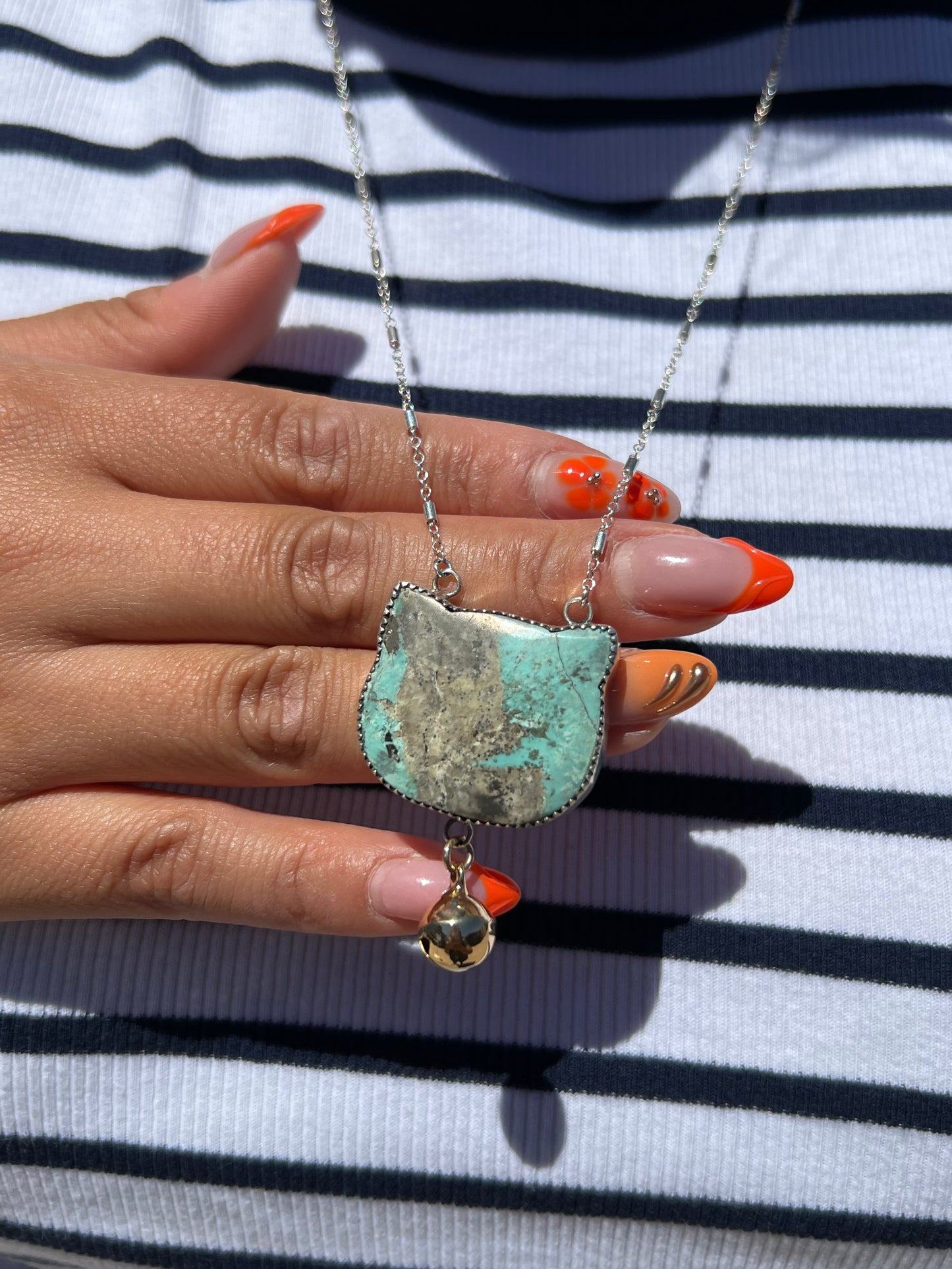 Turquoise cat shape pendant with bell