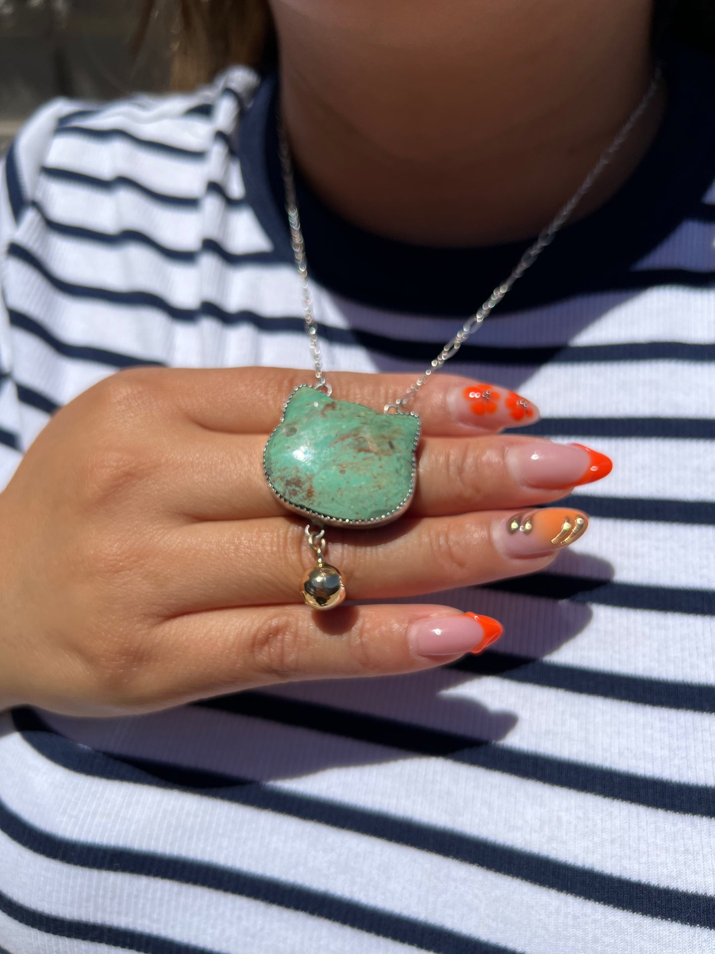 Turquoise cat pendant with bell 1