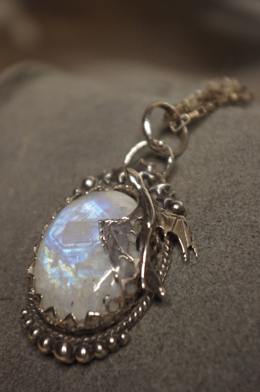Moonstone Pendant with Sterling Silver Dragon
