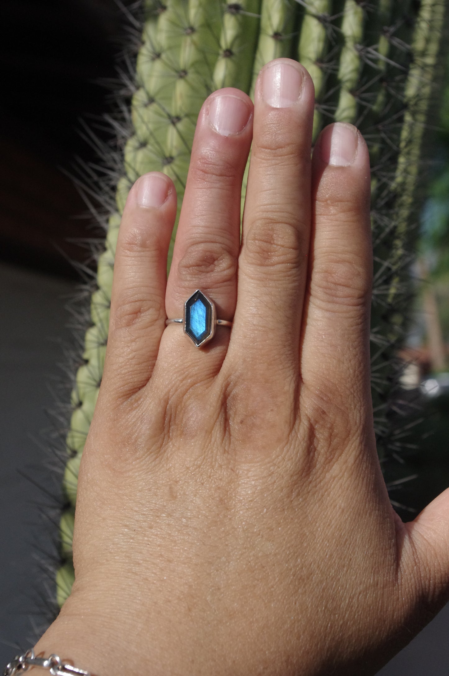 Elongated hexagonal faceted Labradorite Ring