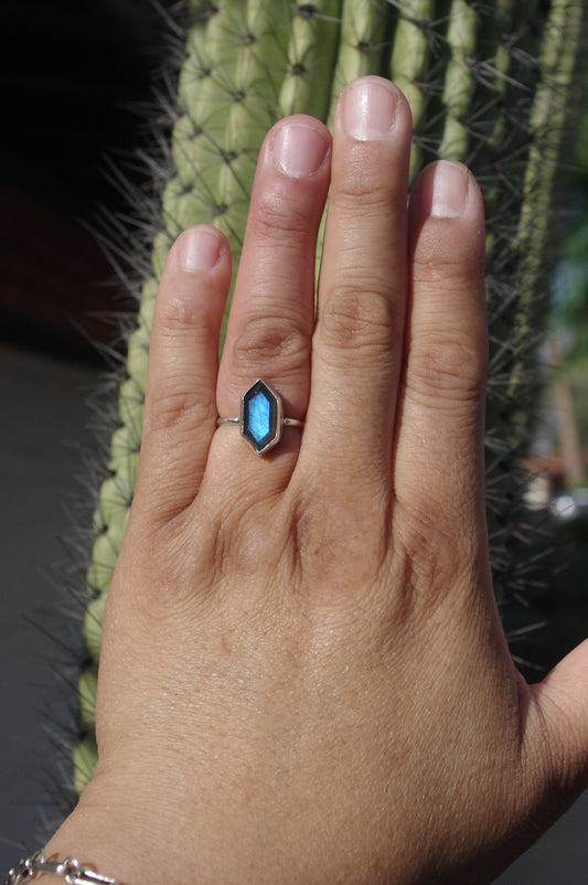 Elongated hexagonal faceted Labradorite Ring